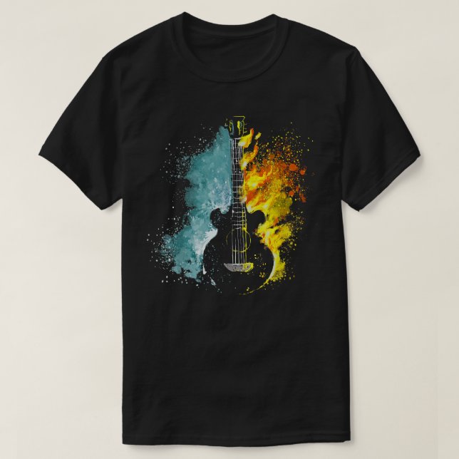 Camiseta Violão-guitarrista, fogueira elétrica e música-gel (Frente do Design)