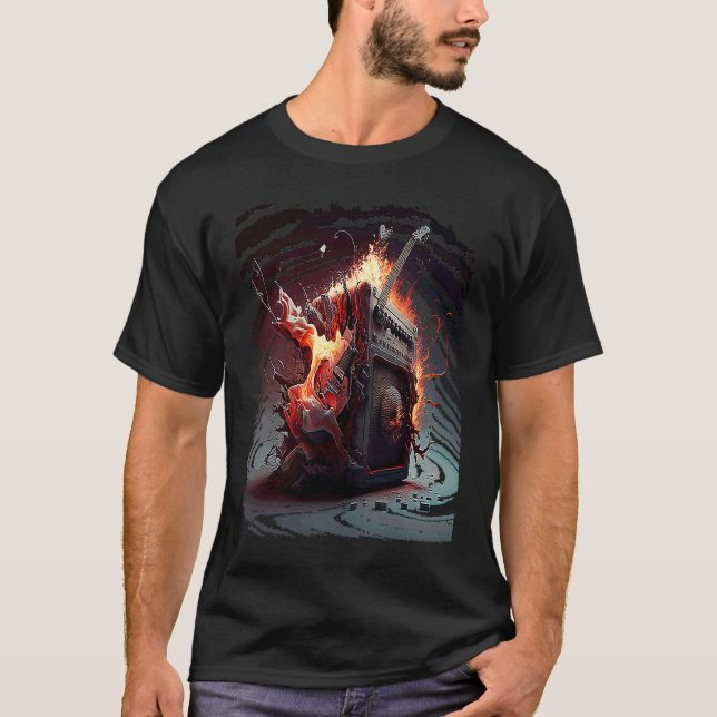 Camiseta Violão Quebrado Através de um Amplificador com Exp (Frente)