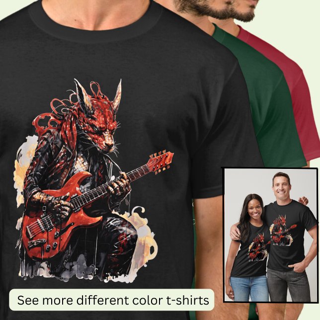 Camiseta Violão Tocando Dragão Negro Vermelho (Criador carregado)