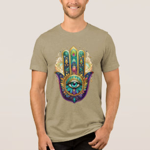 Camiseta Violeta Verde Pétalas de Ouro Hamsa Turquesa Terce