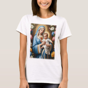 Camiseta Virgem Abençoada Maria e Jesus Bebê