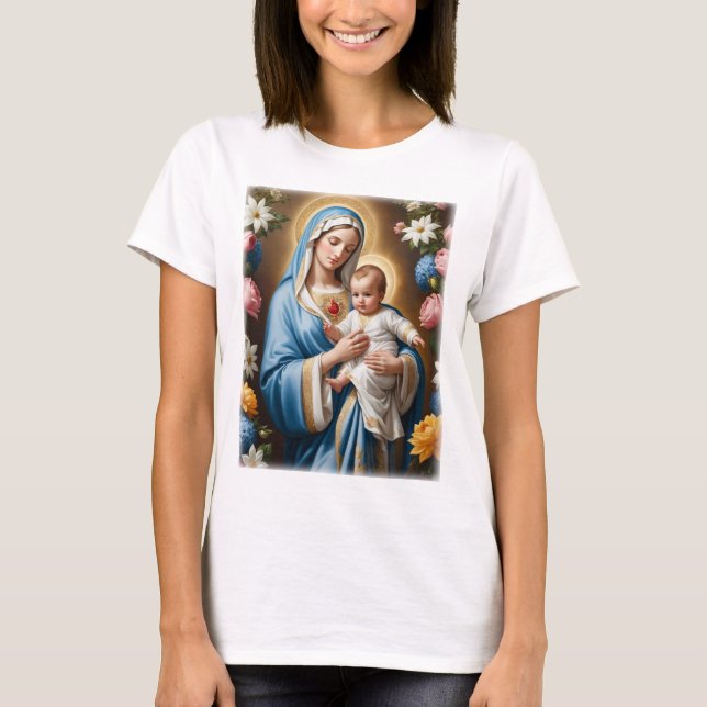 Camiseta Virgem Abençoada Maria e Jesus Bebê (Frente)