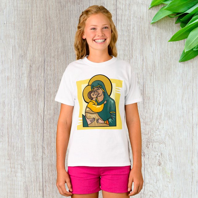 Camiseta Virgem Bizantina Moderna Mary e Religião Infantil (Criador carregado)