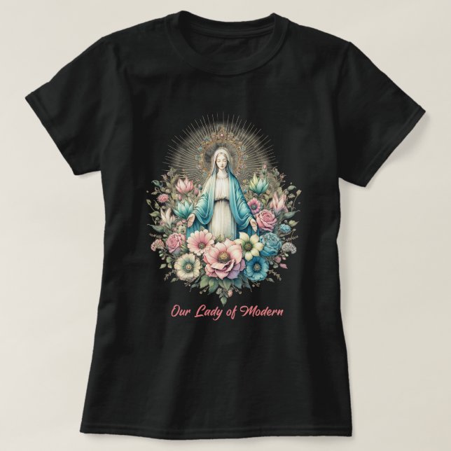 Camiseta Virgem Católica Mary Nossa Senhora Moderna (Frente do Design)