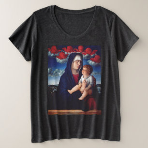 Camiseta Virgem Maria com Jesus bebê e cereias vermelhas