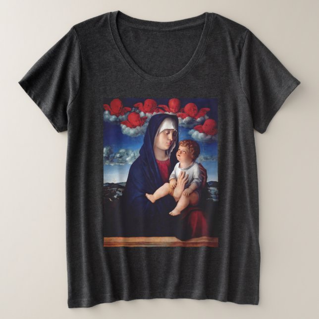 Camiseta Virgem Maria com Jesus bebê e cereias vermelhas (Frente do Design)