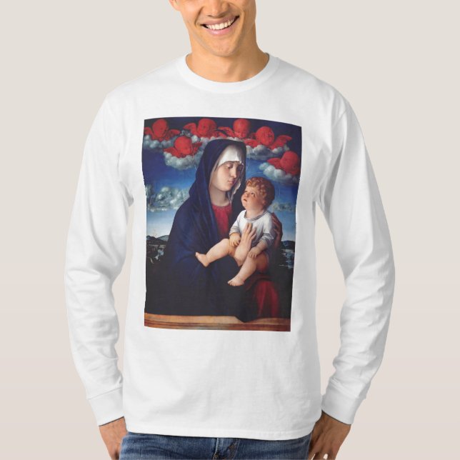 Camiseta Virgem Maria com Jesus bebê e cereias vermelhas (Frente)
