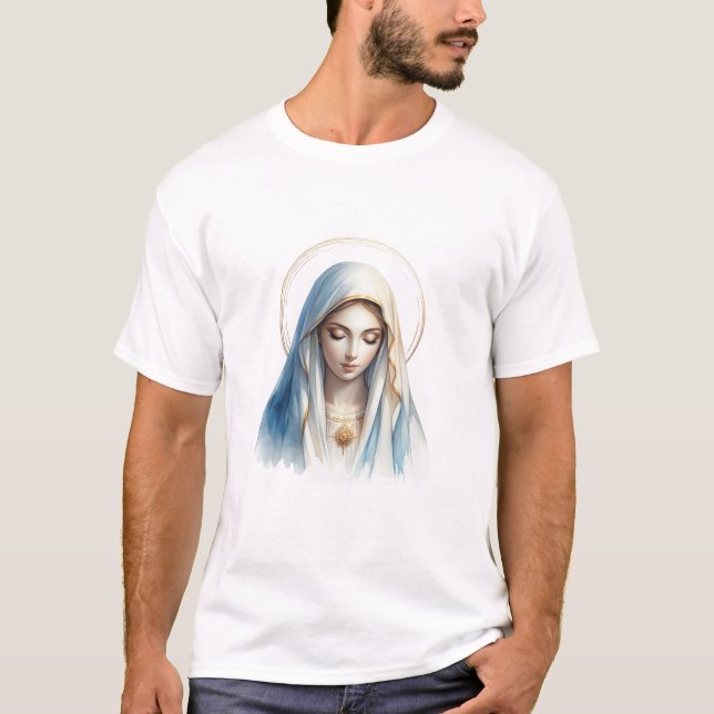 Camiseta Virgin Mary Watercolor Art – Peaceful Christian Gi (Frente)