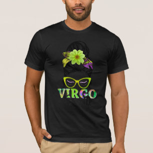 Camiseta Virgo Girl Birthday Messaging Bun Hair Floral Colo
