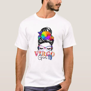 Camiseta Virgo Girl Birthday Messaging Bun Hair Floral Colo