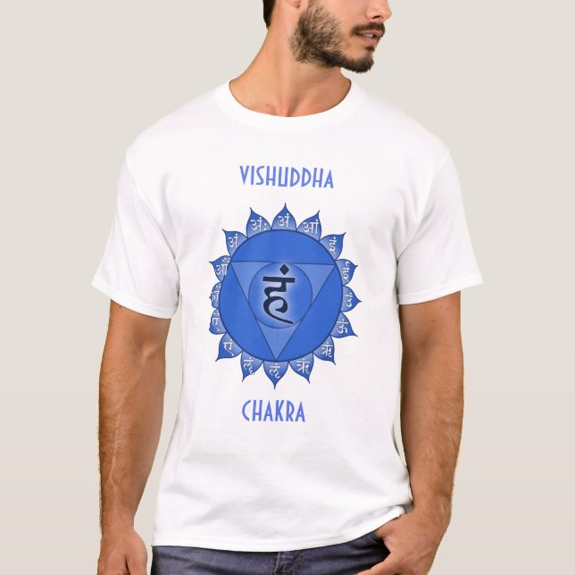 Camiseta Vishuddha Chakra Blue Petals & Sanskrit Vogels (Frente)