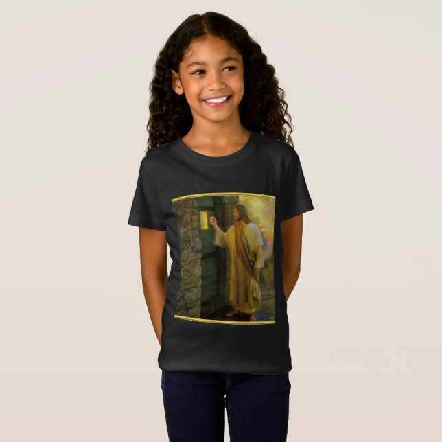 Camiseta Visitação ao amanhecer Jesus batendo em uma porta  (Frente Completa)