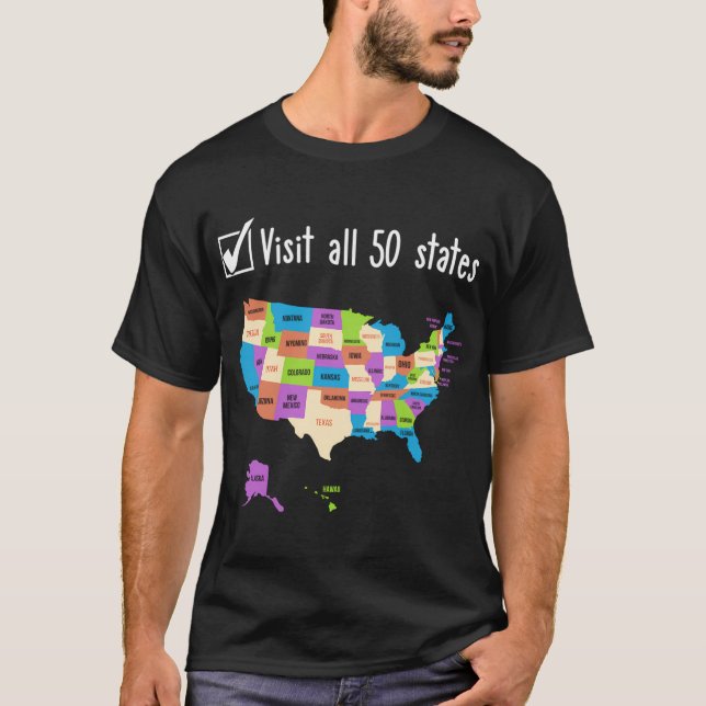 Camiseta Visitado O Viagem De Mapa Dos Eua Dos 50 Estados (Frente)