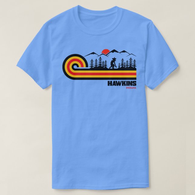 Camiseta Visite Hawkins Retro 70s Vibe (Frente do Design)