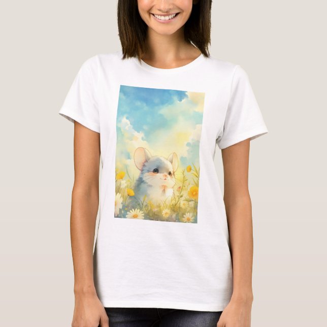 Camiseta Vislumbre Alegre de Flores Silvestres da Chinchila (Frente)