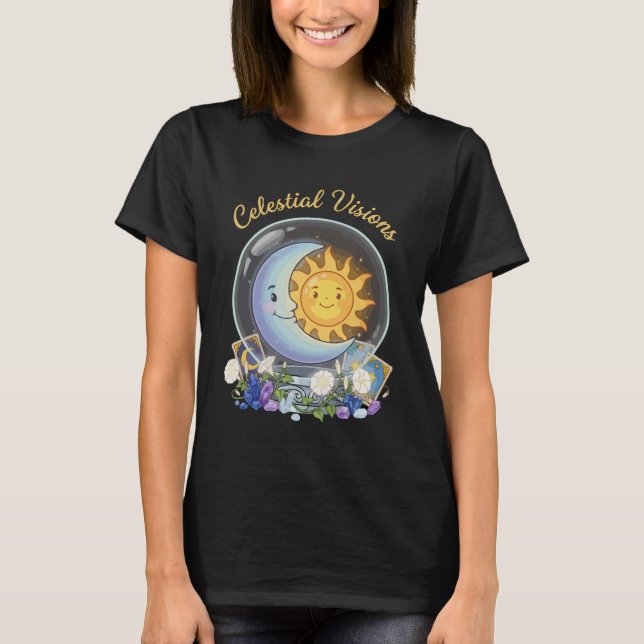 Camiseta Visões Celestiais | Sol Fofo e Tarot da Lua Crysta (Frente)