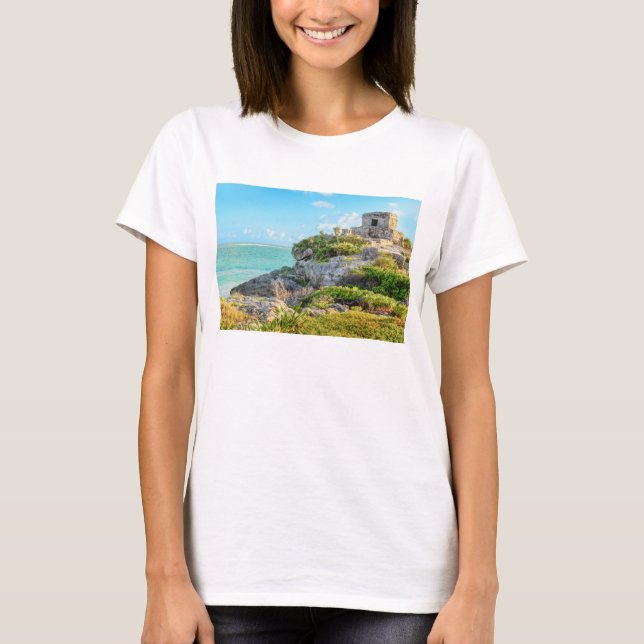 Camiseta Vista de ruínas de Tulum, deus do templo dos (Frente)