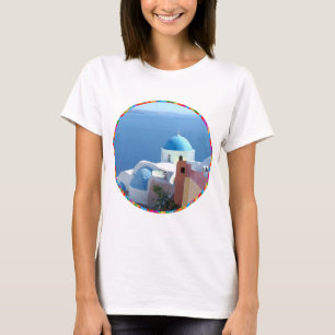 Camiseta Vistas da Igreja em Santorini, Grécia