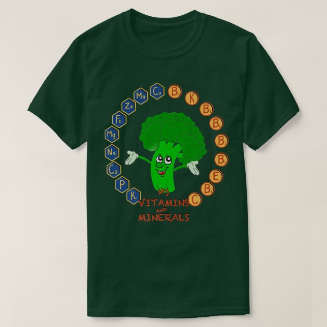 Camiseta Vitaminas e Minerais de brócolis, Vegetarianos (Frente do Design)