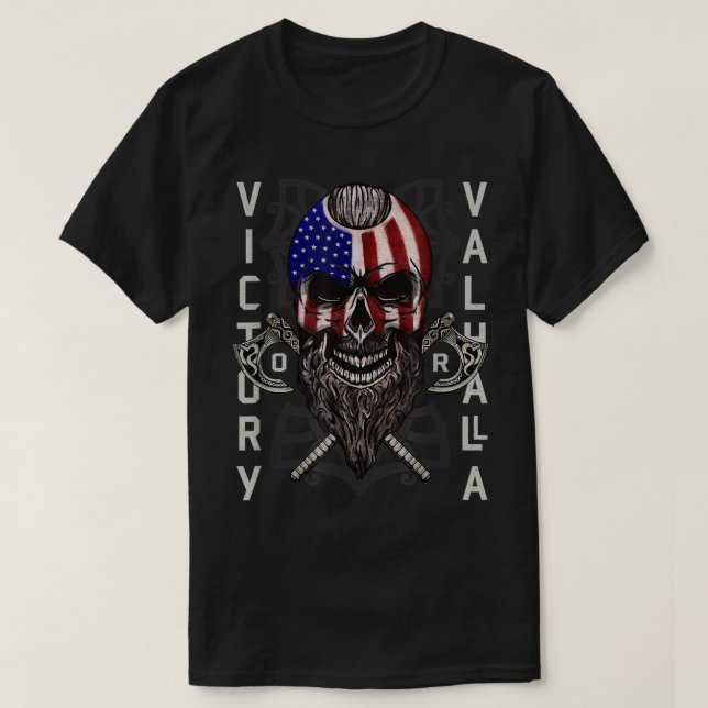 Camiseta Vitória Americana Viking Valhalla Ax & Skull Flag (Frente do Design)