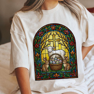 Camiseta Vitral de Cordeiro de Páscoa Coelhinhos Janela