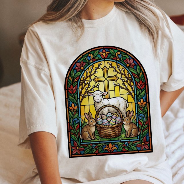 Camiseta Vitral de Cordeiro de Páscoa Coelhinhos Janela (Criador carregado)