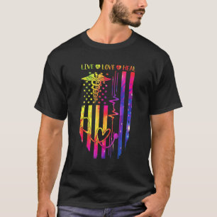 Camiseta Viva Amor Cure Coração Batimento Bandeira EUA Patr