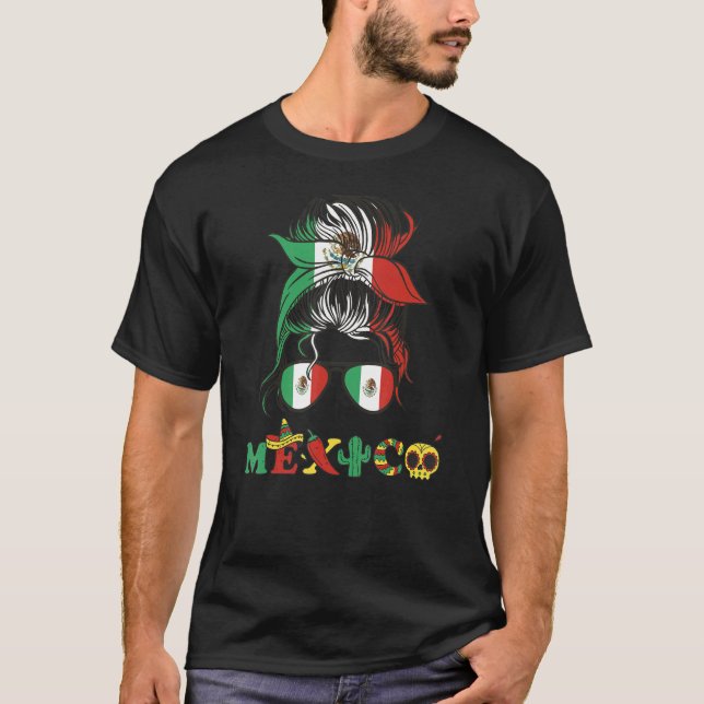 Camiseta Viva Mexico Messy Bun Mexicano Flag Cinco de Mayo  (Frente)