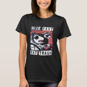 Camiseta Viva Rápido Coma Lixo Guaxinim Gambá Gatos de Rua