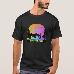 Camiseta Vivendo Equitação Silhueta Colorida do Cavalo Pôr 