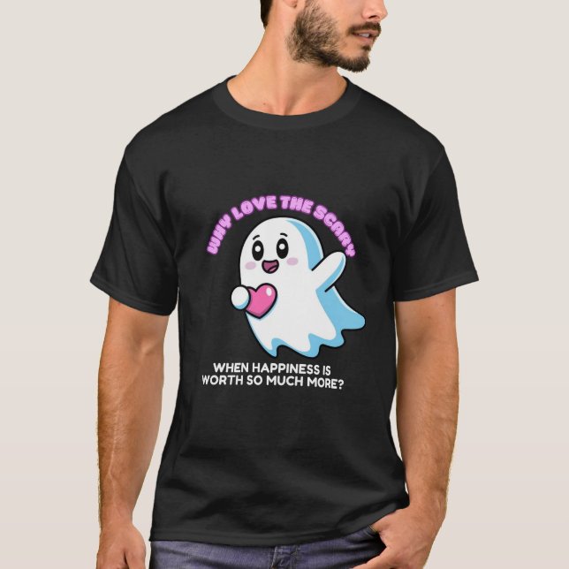 Camiseta Voando Chubby Kawaii Ghost segurando um coração (Frente)