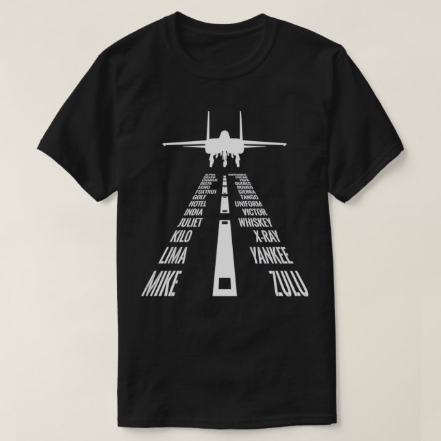 Camiseta Voando F15 Piloto Águia Landing Fonético Alphabet  (Frente do Design)