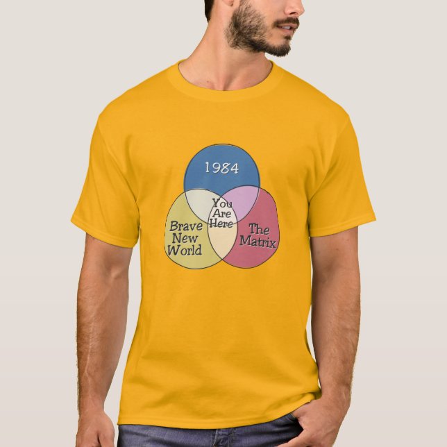 Camiseta Você está aqui 1984 Bravo Novo Mundo A Matrix venn (Frente)