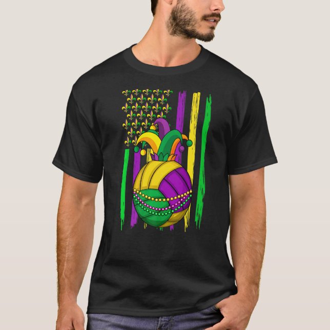 Camiseta Voleibol Jester Hat Retro American Flag Mardi Gr (Frente)