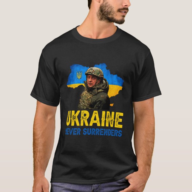 Camiseta Volodymyr Zelensky Ucrânia nunca rende apoio (Frente)