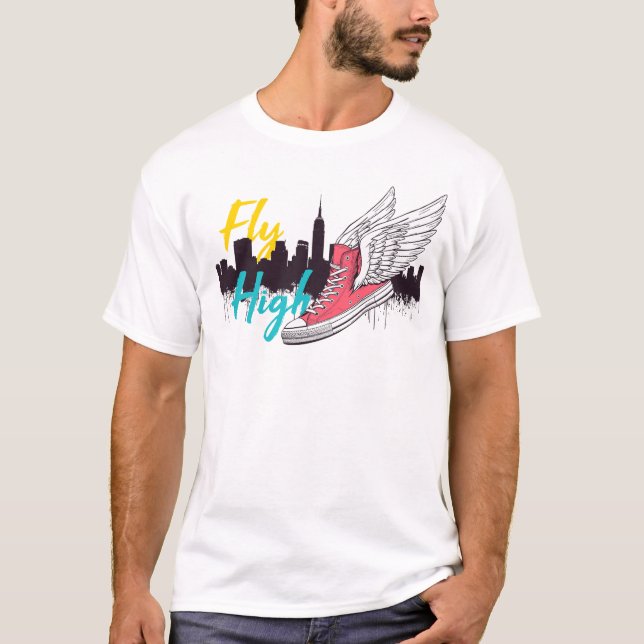 Camiseta Voo alto - Pintor das asas e Skyline de Nova York (Frente)