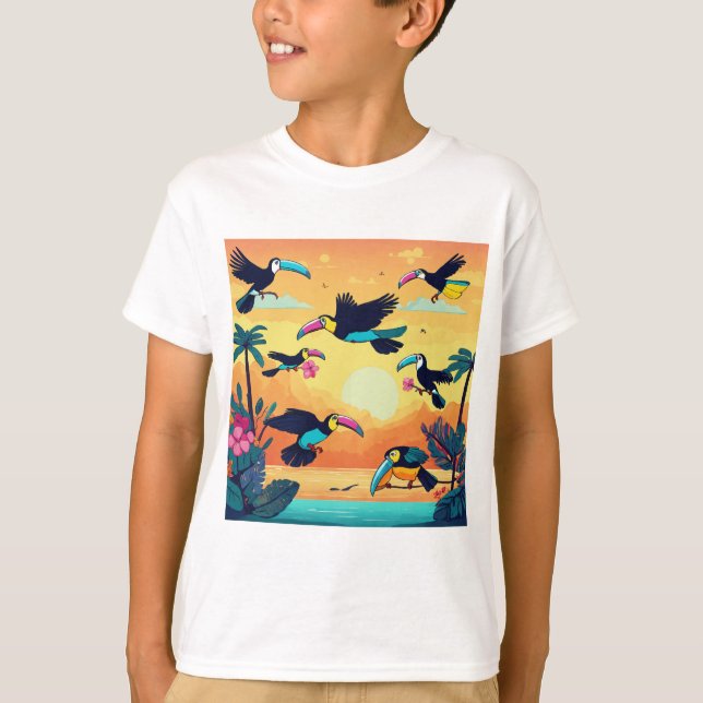 Camiseta Voo do Rico: Cartoon Toucans Soar (Frente)