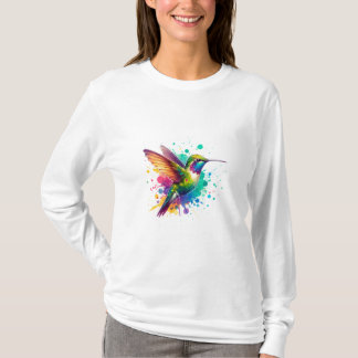 Camiseta Voo Vibrante – Explosão de Beija-flor em Aquarela