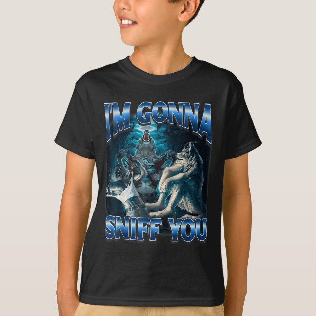 Camiseta Vou Cheirar Você de Forma Engraçada Meme do Lobo A (Frente)