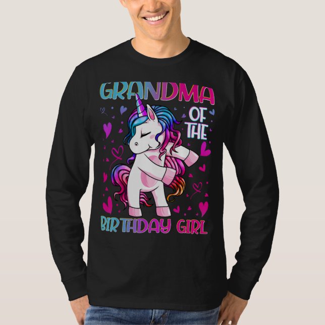 Camiseta Vovó da Garota de Aniversário Flageando Unicórnio  (Frente)