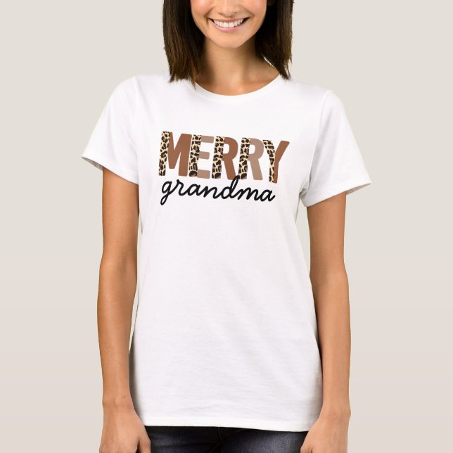 Camiseta "Vovó Feliz" Bloqueio de Cor Moderno "Leopard Boho (Frente)