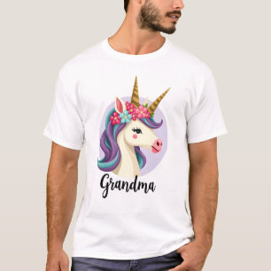 Camiseta Vovó Unicórnio Vintage Dourado Brilho Floral Face 