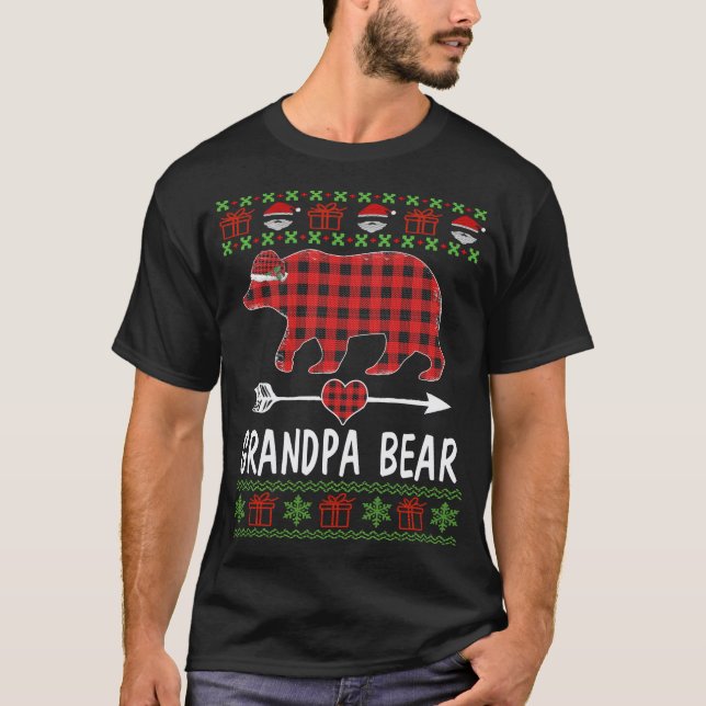 Camiseta Vovô Urso Papai noel Pijama Da Família Xadrez Verm (Frente)
