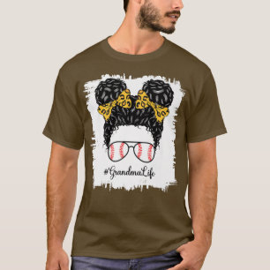 Camiseta Vovó Vida Leopardo Softball Mensagem Bun Mãe D