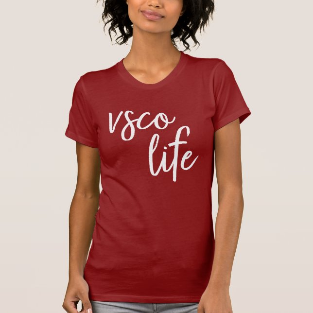 Camiseta VSCO Life, Simples, Casual, Branco sobre Borgonha (Frente)