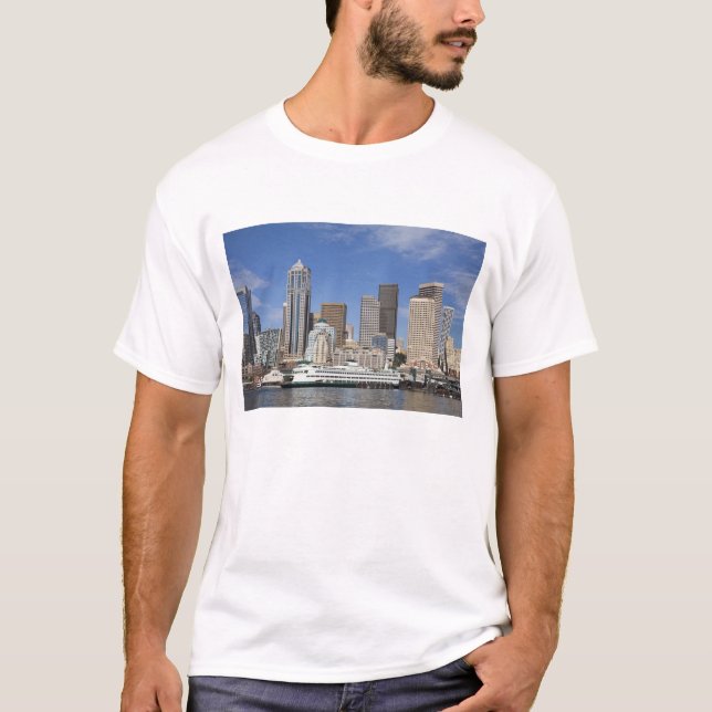 Camiseta WA, Seattle, Seattle Skyline com barco de ferry (Frente)