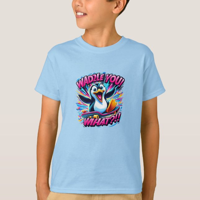 Camiseta "WADDLE YOU! WHAT?!!" Penguin Skateboard (Frente)