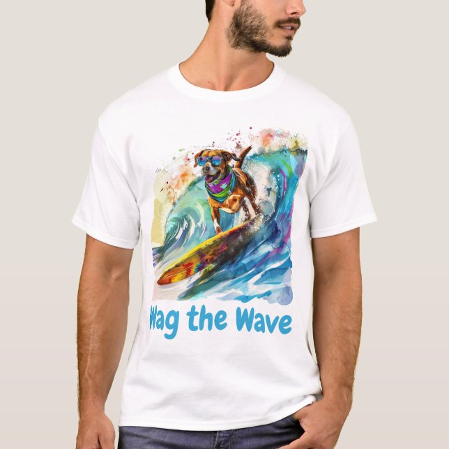 Camiseta Wag the Wave - Surfing Dog Summer Beach Vibes (Frente)