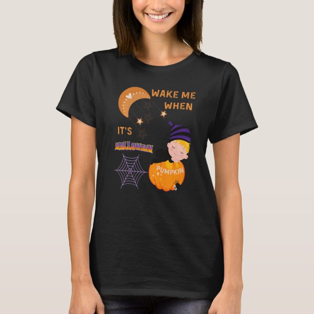 Camiseta Wake Me When Its Halloween Cute Pumpkin Sleeping K (Frente)