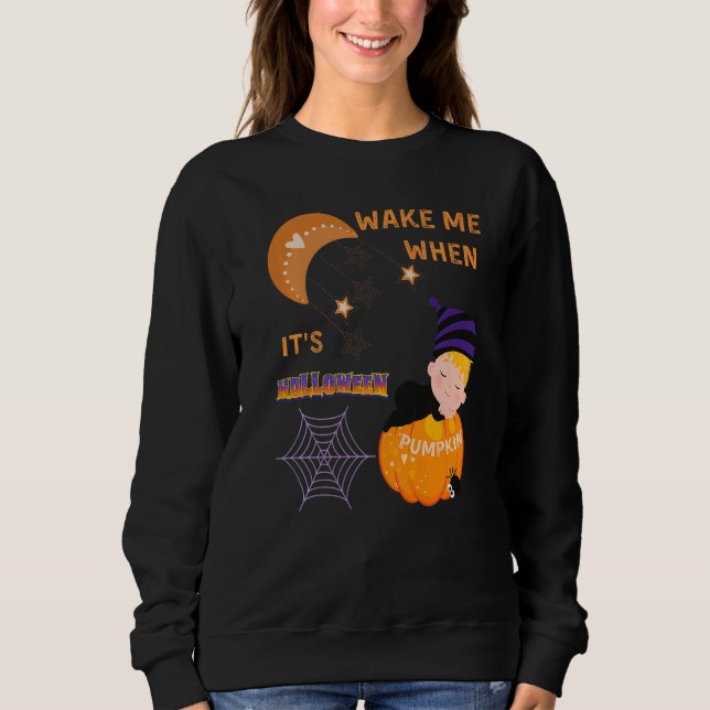 Camiseta Wake Me When Its Halloween Cute Pumpkin Sleeping K (Frente)